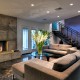 Stylish Basement Living Room Desidn With Concerete Fireplace