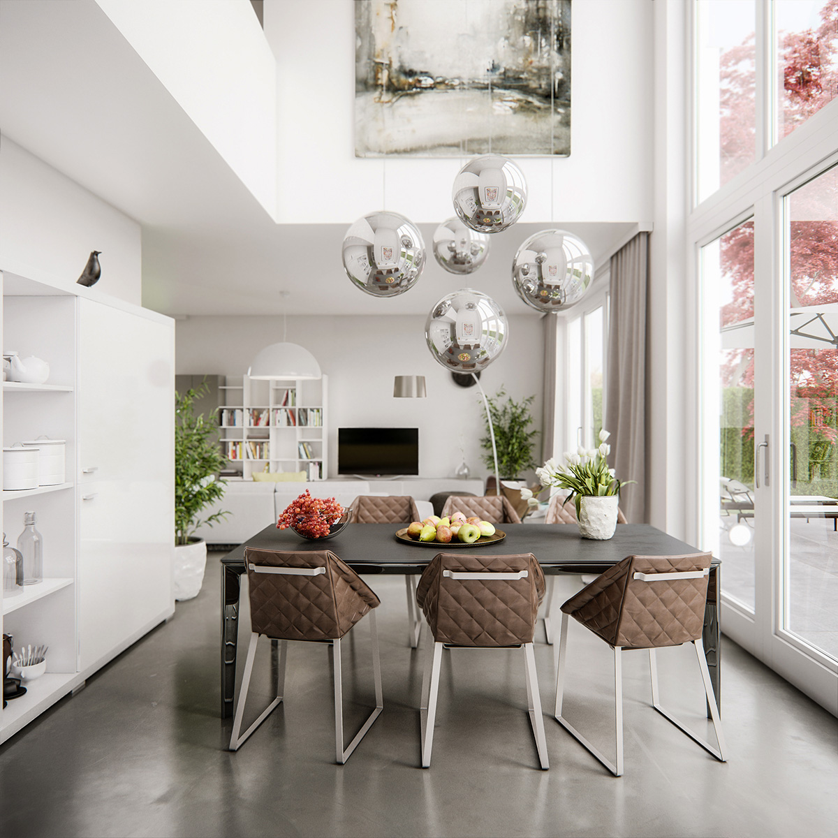 Contemporary Dining Room With High Ceiling