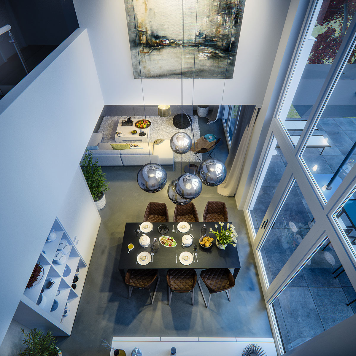 Contemporary Dining Room View From Above By Night