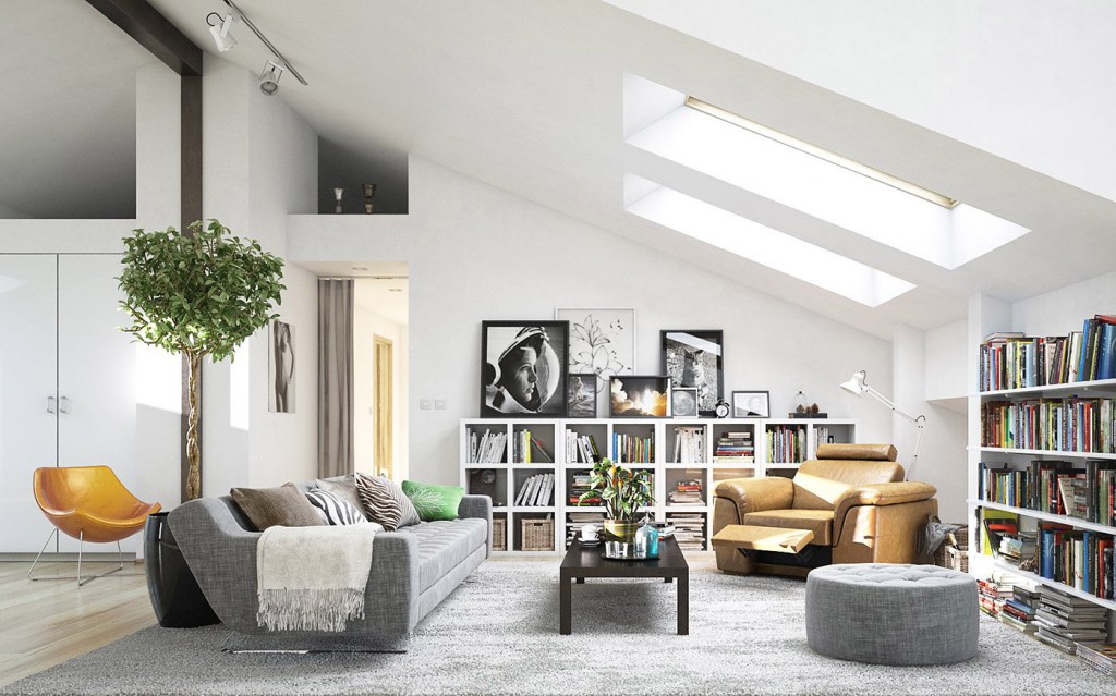 Attic Living Room Designed In Scandinavian Style