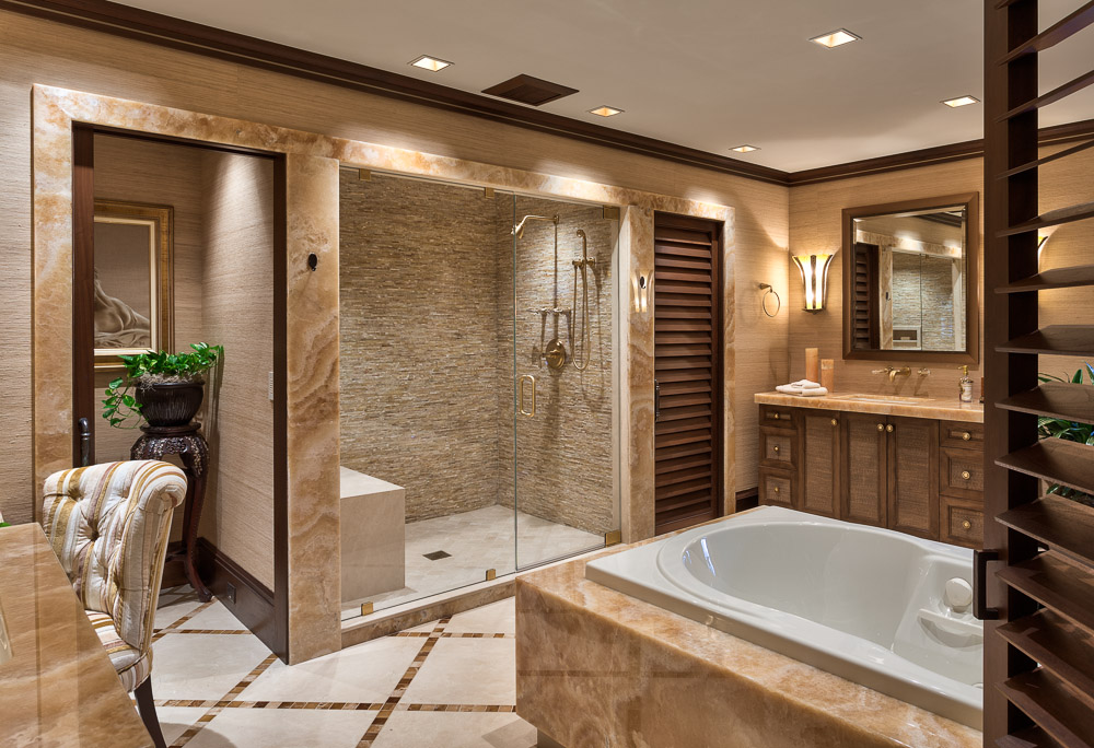 Modern Luxury Bathroom With Granite Bathtub And Glass Shower Enclosure