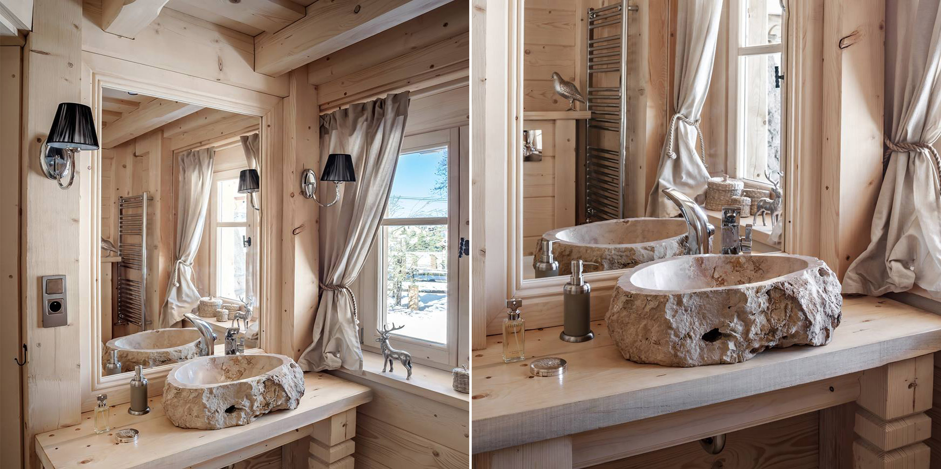 Wooden Bathroom With A Stone Sink