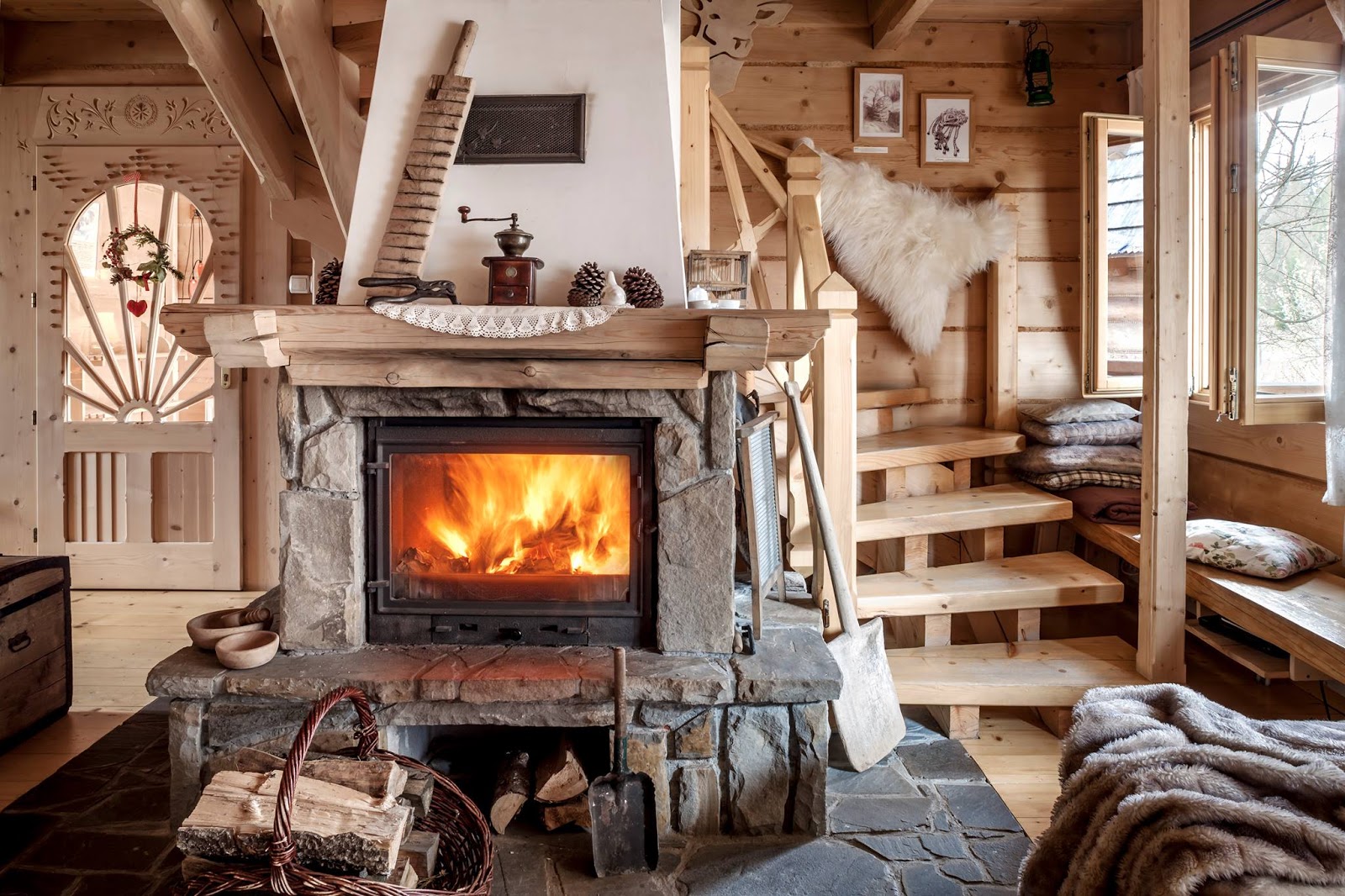 Stone Fireplace In A Mountain Chalet