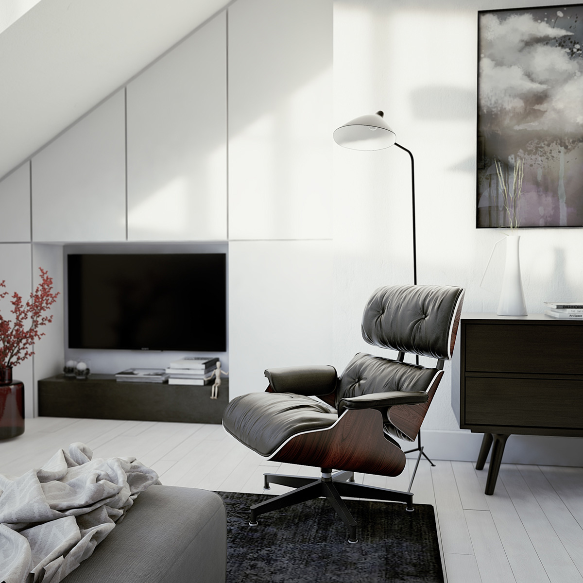 Black And White Living Room In A Loft Apartment