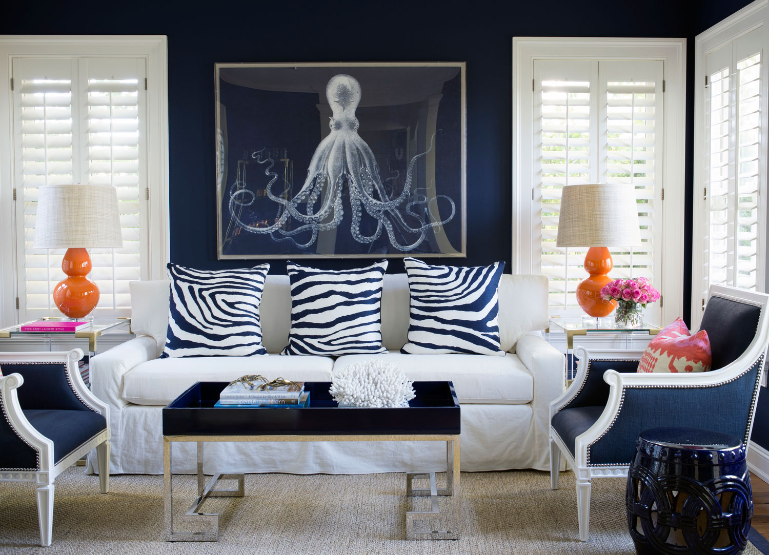 Navy Blue And White Living Room