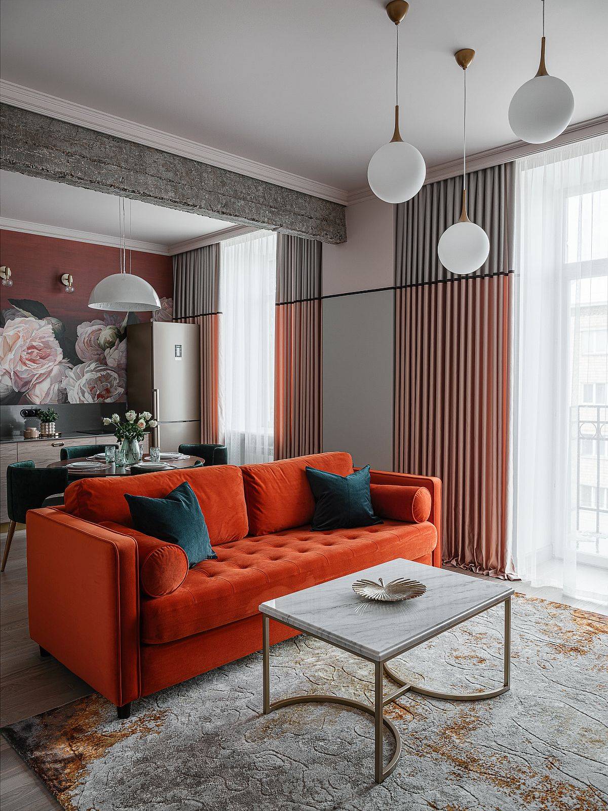 Modern Living Room With A Vibrant Orange Couch