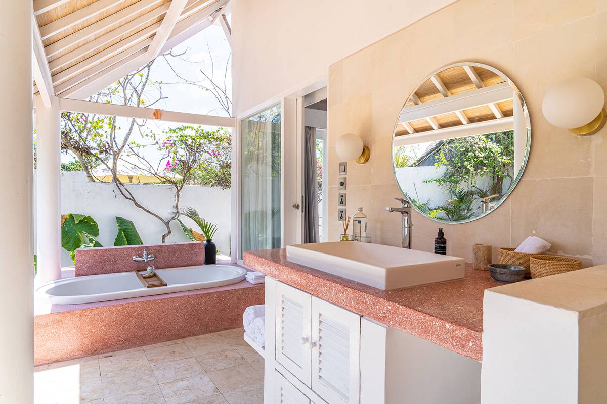 Outdoor Bathroom With Pink Countertops