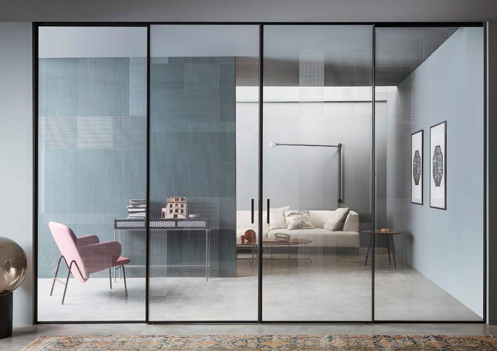 living room with glass door