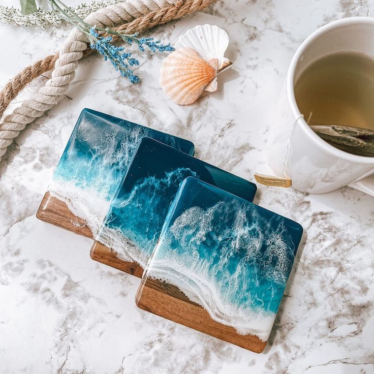 Engraved Resin Ocean Wood Coasters